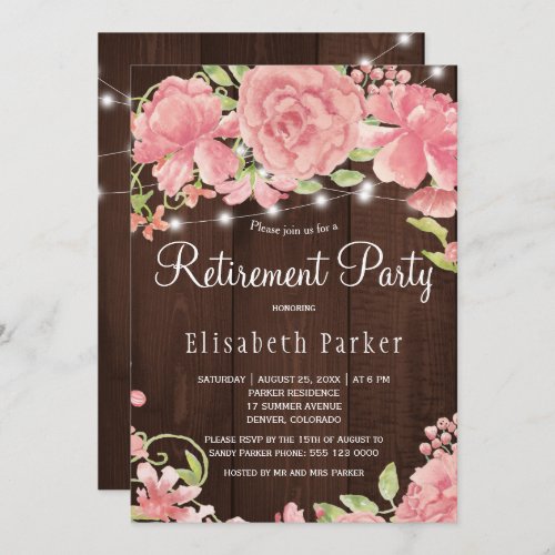 Barn wood pink blush rose peonies retirement party invitation
