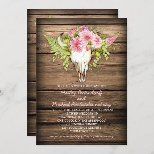 Barn Wood Pink Flowers Cow Skull Horns Wedding Invitation
