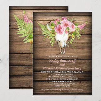 Barn Wood Pink Flowers Cow Skull Horns Wedding Invitation