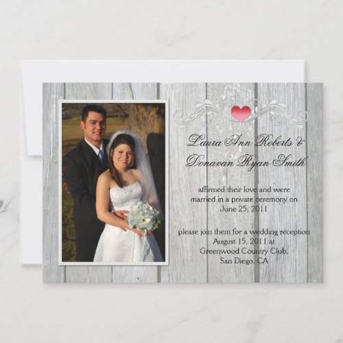Barn Wood Pink Heart Photo After Wedding Custom Invitation