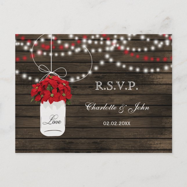 Barn wood poinsettia mason jar rustic wedding rsvp invitation postcard (Front)