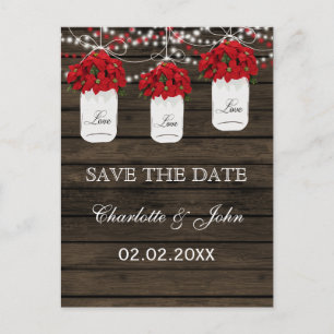 Barn wood poinsettia mason jar save the date announcement postcard