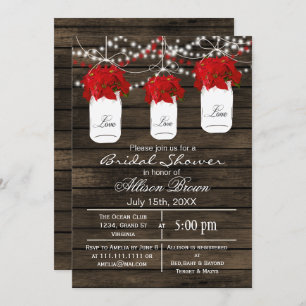 Barn wood poinsettias mason jar bridal shower invitation