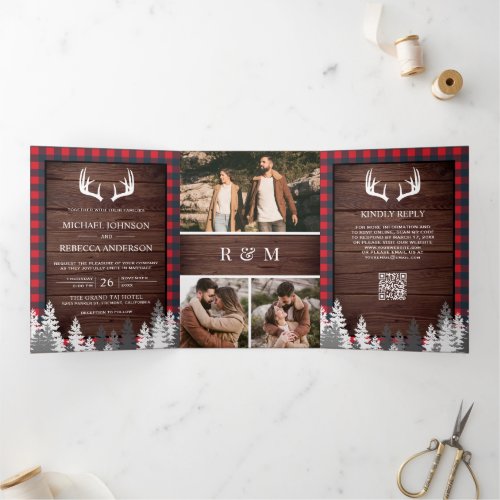 Barn Wood Red Buffalo Plaid Antler QR Code Wedding Tri-Fold Invitation