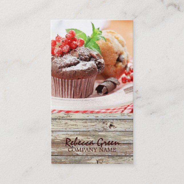 barn wood rustic bakery chocolate cupcake business card (Front)