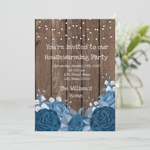 Barn Wood Rustic Blue Bouquet Housewarming Party Invitation