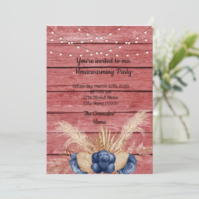 Barn Wood Rustic Dusty Flowers  Housewarming Party Invitation (Standing Front)