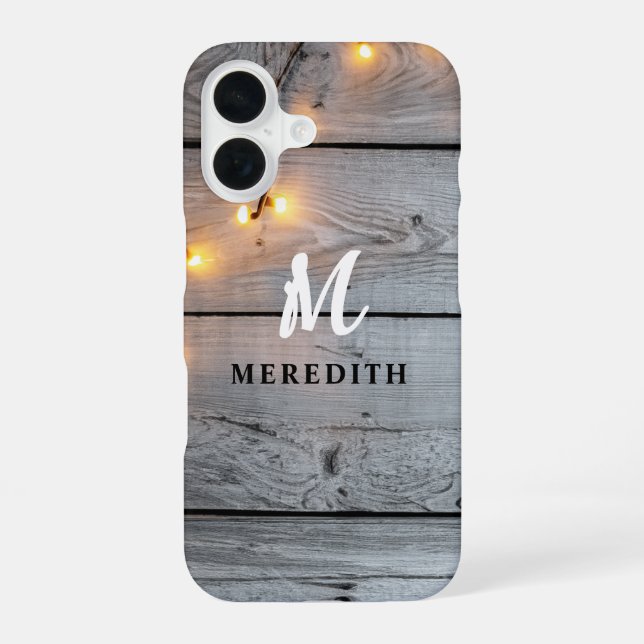 Barn Wood Rustic Elegance String Lights Monogram  Iphone Case (Back)