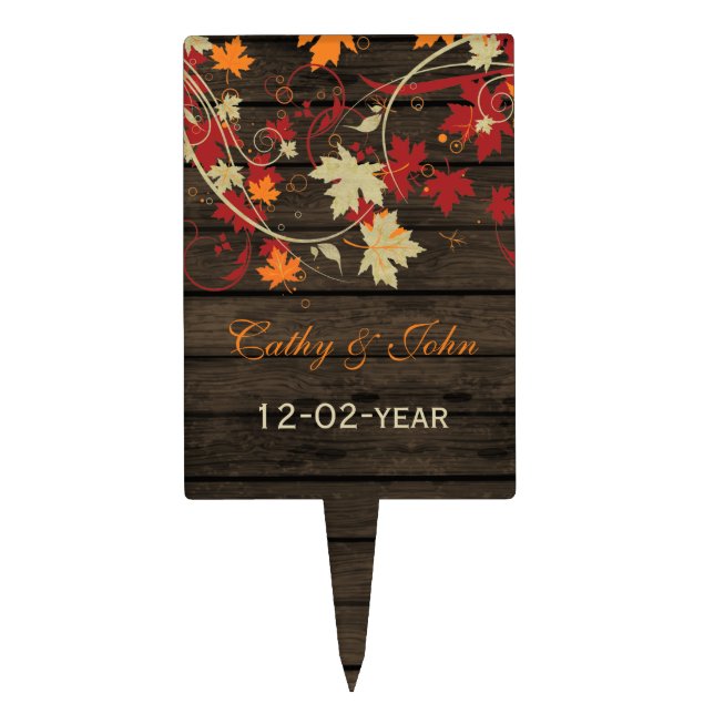 Barn Wood Rustic Fall Leaves Wedding Cake Topper (Front)