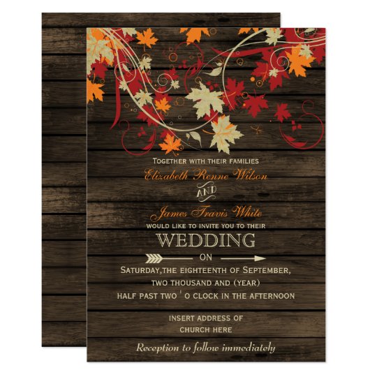 Barn Wood Rustic Fall Leaves Wedding Invitations Zazzle Com