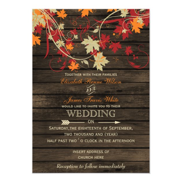 Barn Wood Rustic Fall Leaves Wedding Invitations