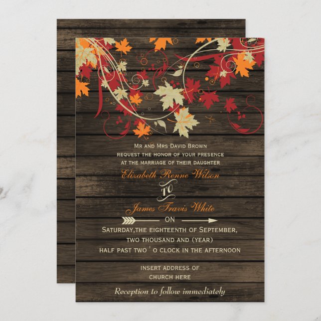 Barn Wood Rustic Fall Leaves Wedding invitations (Front/Back)