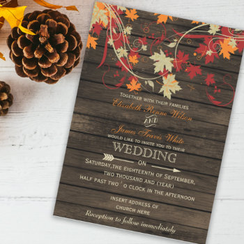 Barn Wood Rustic Fall Leaves Wedding Invitations by blessedwedding at Zazzle
