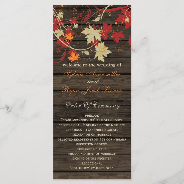 Barn Wood Rustic Fall Leaves Wedding Programs (Front)