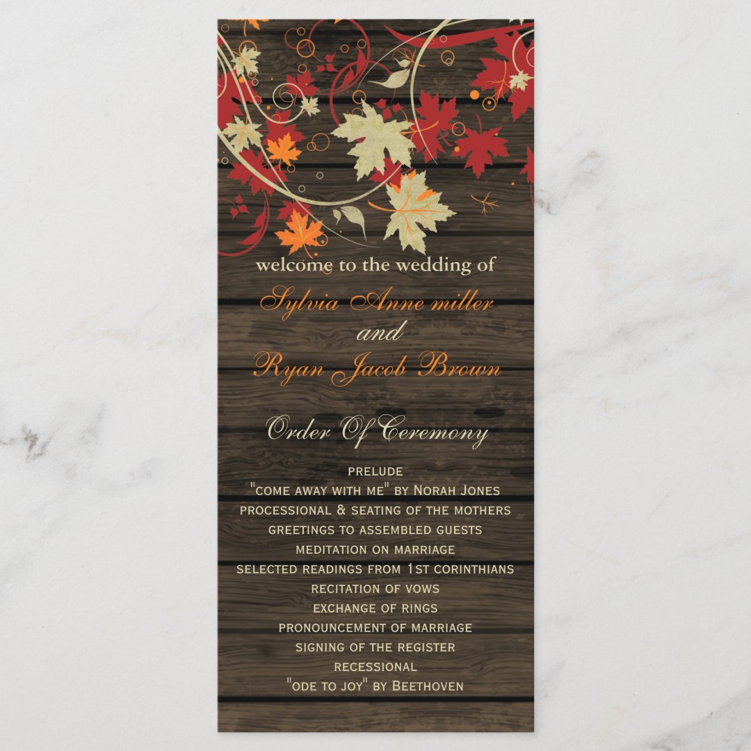 Barn Wood Rustic Fall Leaves Wedding Programs | Zazzle