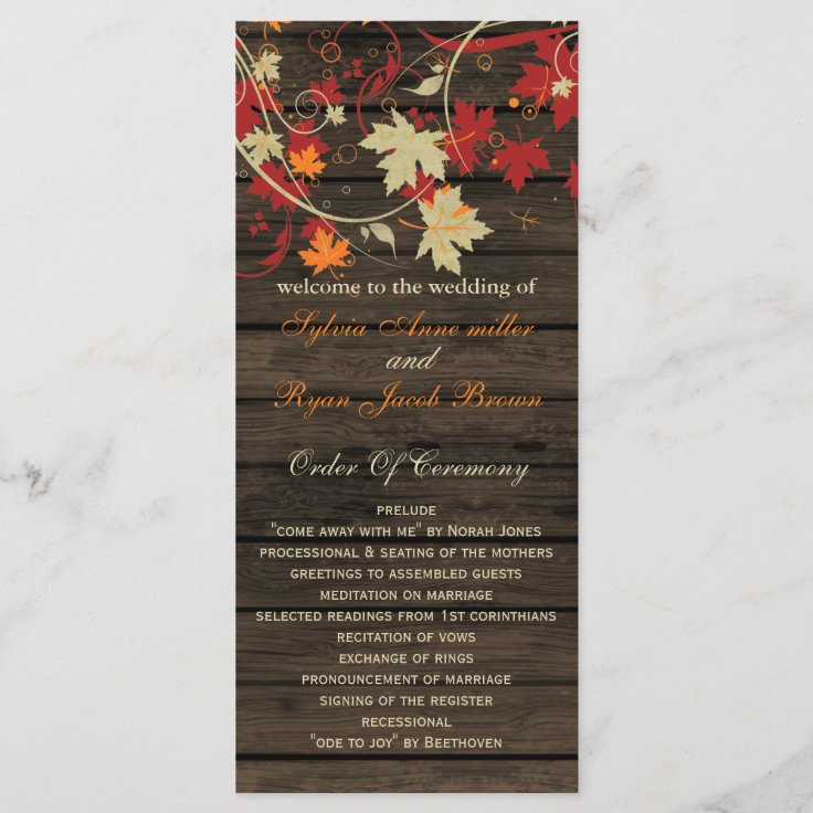 Barn Wood Rustic Fall Leaves Wedding Programs | Zazzle