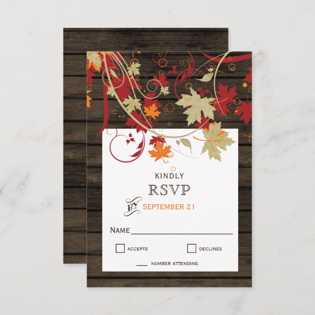 Barn Wood Rustic Fall Leaves Wedding RSVP Card (Front/Back)