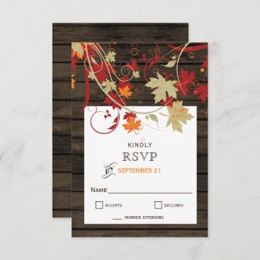Barn Wood Rustic Fall Leaves Wedding RSVP Card