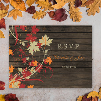 Barn Wood Rustic Fall Leaves Wedding Rsvp Invitation Postcard by blessedwedding at Zazzle