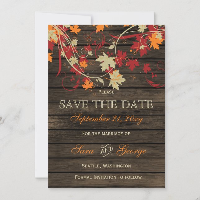 Barn Wood Rustic Fall Leaves Wedding save the date (Front)