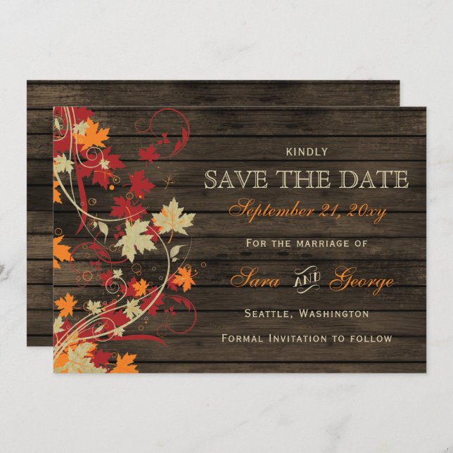 Barn Wood Rustic Fall Leaves Wedding save the date (Front/Back)