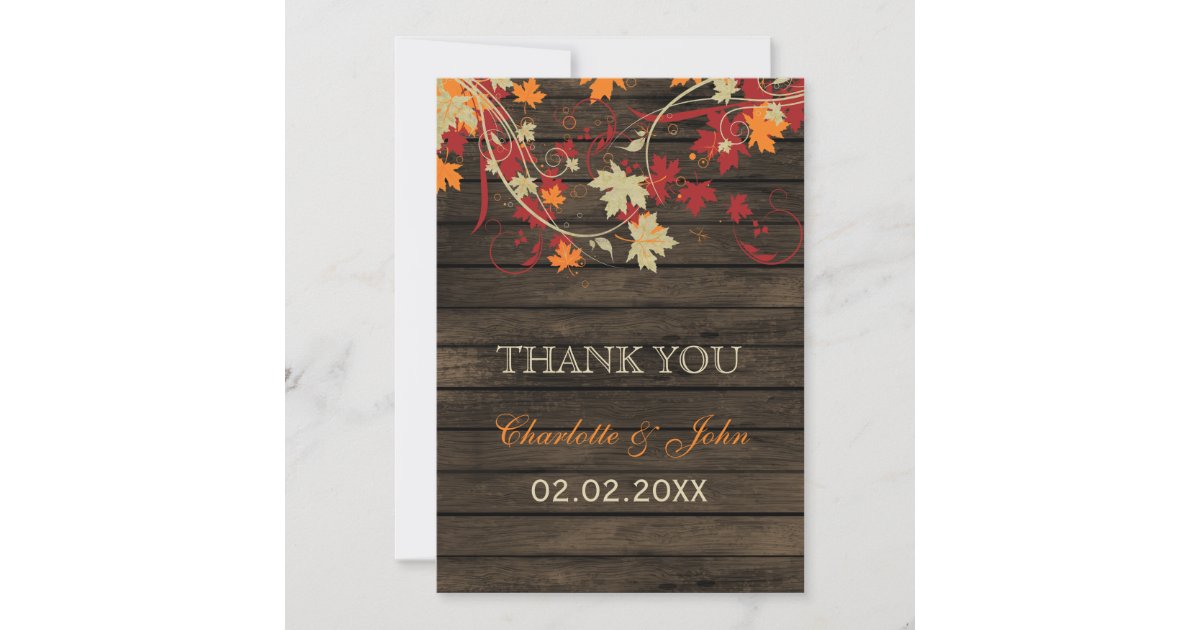 Barn Wood Rustic Fall Leaves Wedding Thank You Invitation | Zazzle