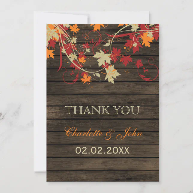 Barn Wood Rustic Fall Leaves Wedding Thank You Invitation | Zazzle