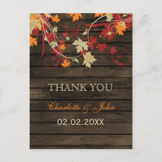 Barn Wood Rustic Fall Leaves Wedding Thank You Postcard