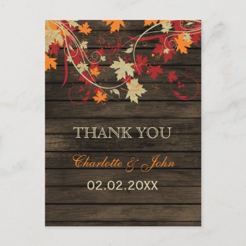 Barn Wood Rustic Fall Leaves Wedding Thank You Postcard