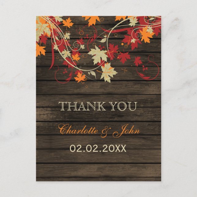 Barn Wood Rustic Fall Leaves Wedding Thank You Postcard (Front)