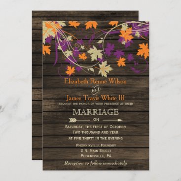 Barn wood, Rustic Fall Plum leaves wedding Invitation