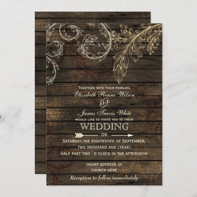 Barn wood Rustic flourish wedding invitations (Front/Back)