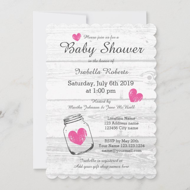Barn wood rustic mason jar baby shower invitations (Front)