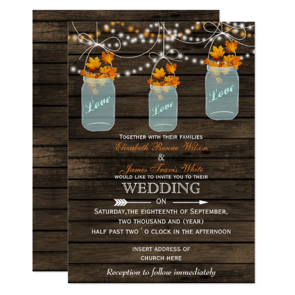 161019485804268224 Barn wood Rustic mason jar Fall wedding invitation