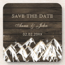 Barn wood Rustic Mountains Save the  Date Beverage Coaster