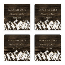 Barn wood Rustic Mountains Save the  Date Coaster Set