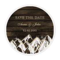 Barn wood Rustic Mountains Save the  Date Edible Frosting Rounds