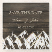 Barn wood Rustic Mountains Save the  Date Glass Coaster