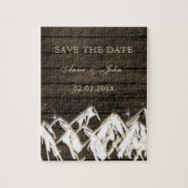Barn wood Rustic Mountains Save the  Date Jigsaw Puzzle