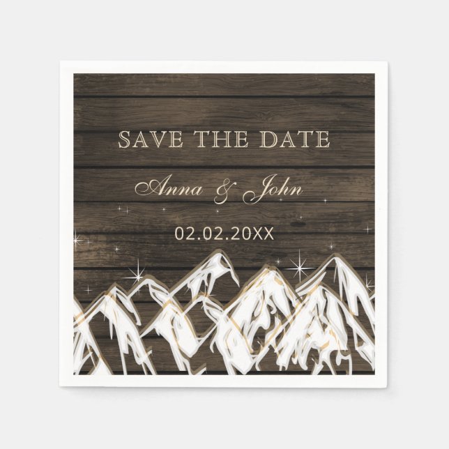Barn wood Rustic Mountains Save the  Date Napkins (Front)