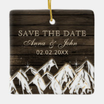 Barn wood Rustic Mountains Save the  Date Photo Ceramic Ornament