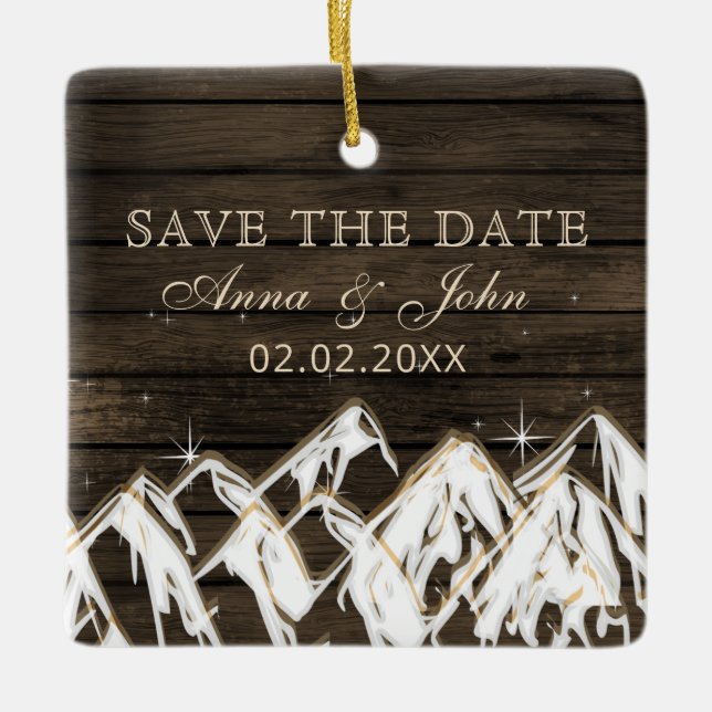 Barn wood Rustic Mountains Save the  Date Photo Ceramic Ornament (Front)