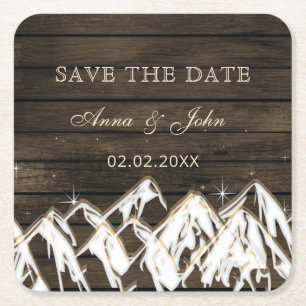 Barn wood Rustic Mountains Save the Date Square Paper Coaster
