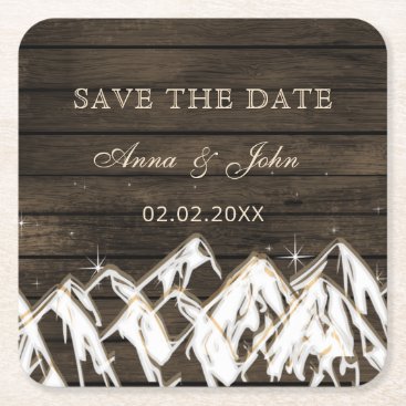 Barn wood Rustic Mountains Save the  Date Square Paper Coaster