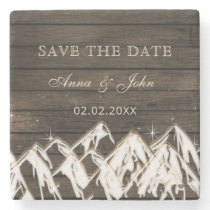 Barn wood Rustic Mountains Save the  Date Stone Coaster