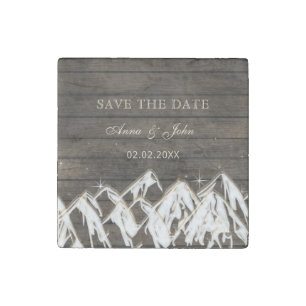 Barn wood Rustic Mountains Save the Date Stone Magnet