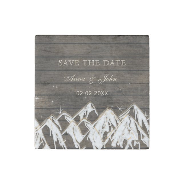 Barn wood Rustic Mountains Save the  Date Stone Magnet (Front)