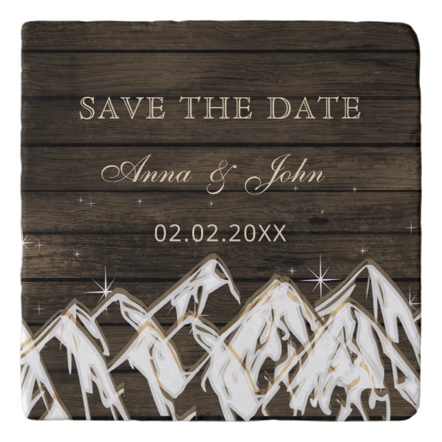 Barn wood Rustic Mountains Save the  Date Trivet (Front)