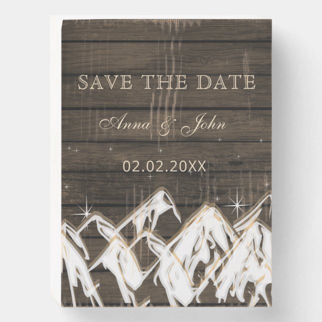 Barn wood Rustic Mountains Save the  Date Wooden Box Sign (Front Vertical)