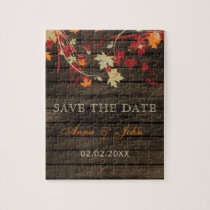 Barn Wood Rustic Orange Fall Leaves Save The Date Jigsaw Puzzle